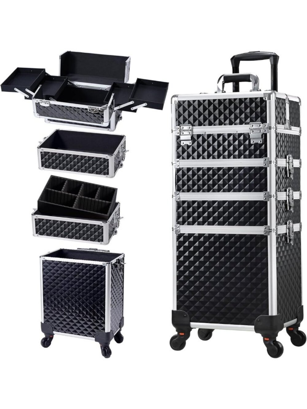 Large Rolling Makeup Case on Wheels - 4-in-1 Cosmetic Organizer & Travel Cart